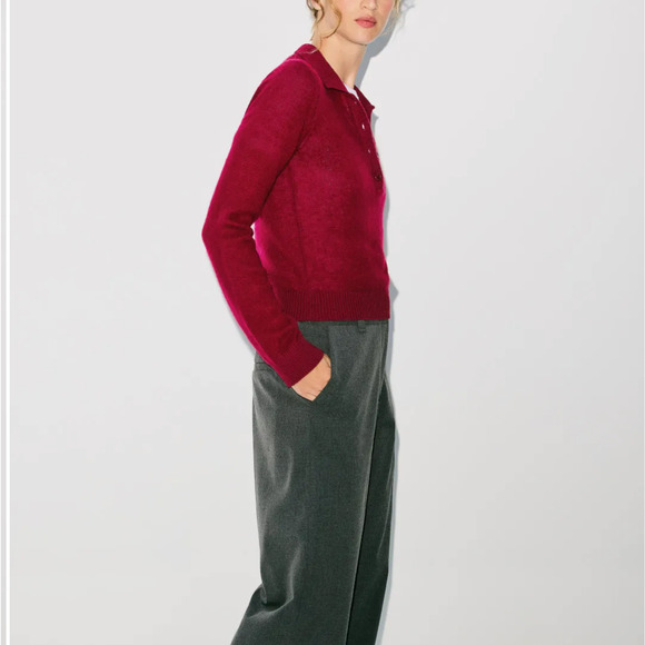 Naadam Cranberry Polo Sweater SMALL Wool Cashmere Cropped Soft Designer $300 - Picture 2 of 12